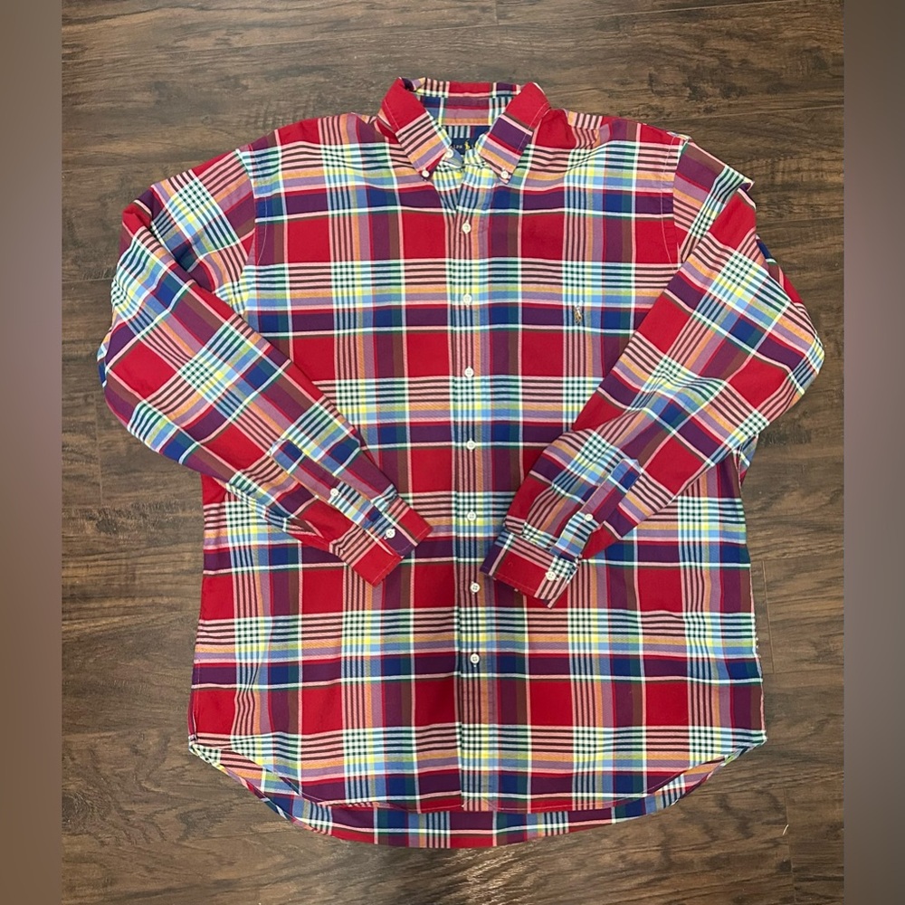 Ralph Lauren Polo Red and Blue Plaid Button up Dress Shirt Like New XLT XL Tall